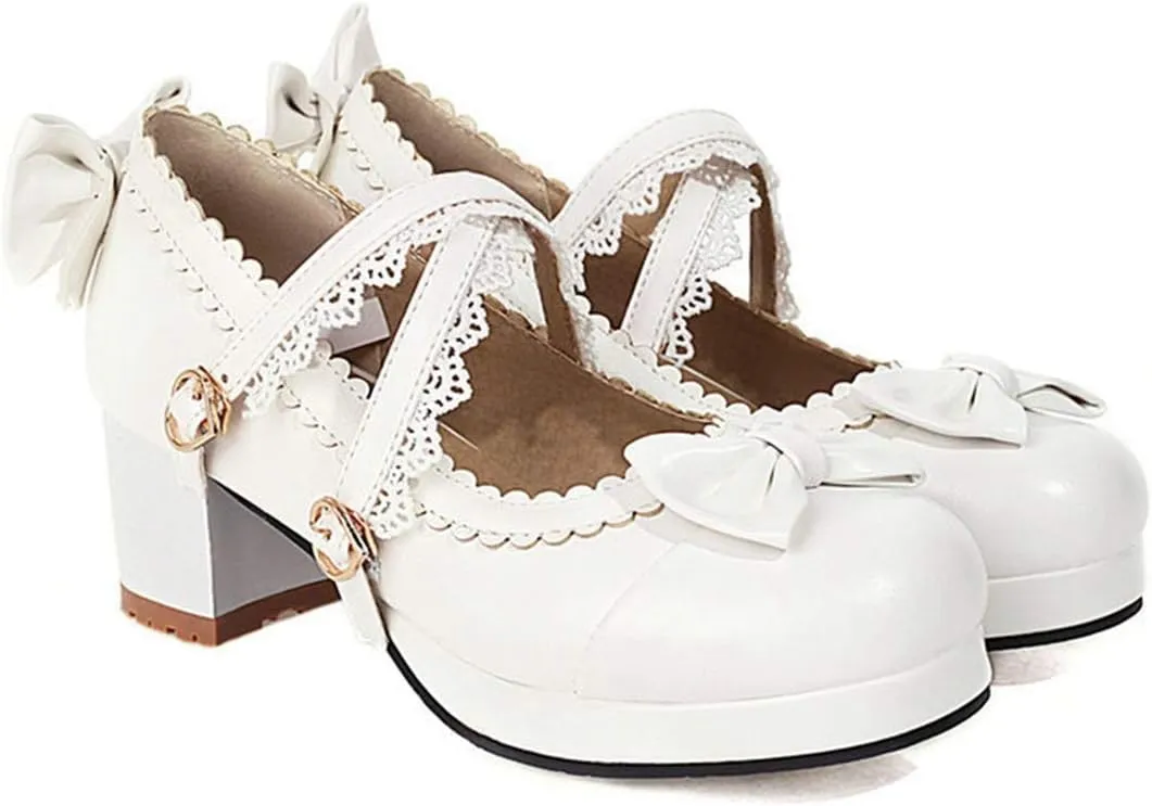 VOKLIN Women's Girls Lolita Mary Jane Pumps Sweet Bow Cross Ankle Strap Mid Heel Princess Oxford Dress Shoes