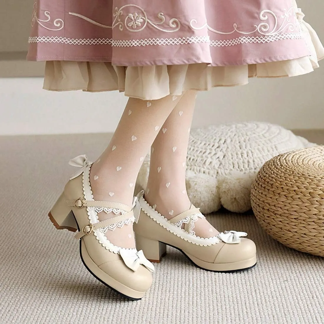VOKLIN Women's Girls Lolita Mary Jane Pumps Sweet Bow Cross Ankle Strap Mid Heel Princess Oxford Dress Shoes