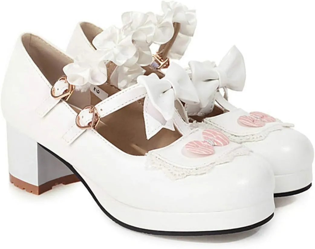 VOKLIN Women's Girls Lolita Mary Jane Pumps Sweet Bow Ruffle Ankle Strap Platform Mid Heel Oxford Dress Shoes