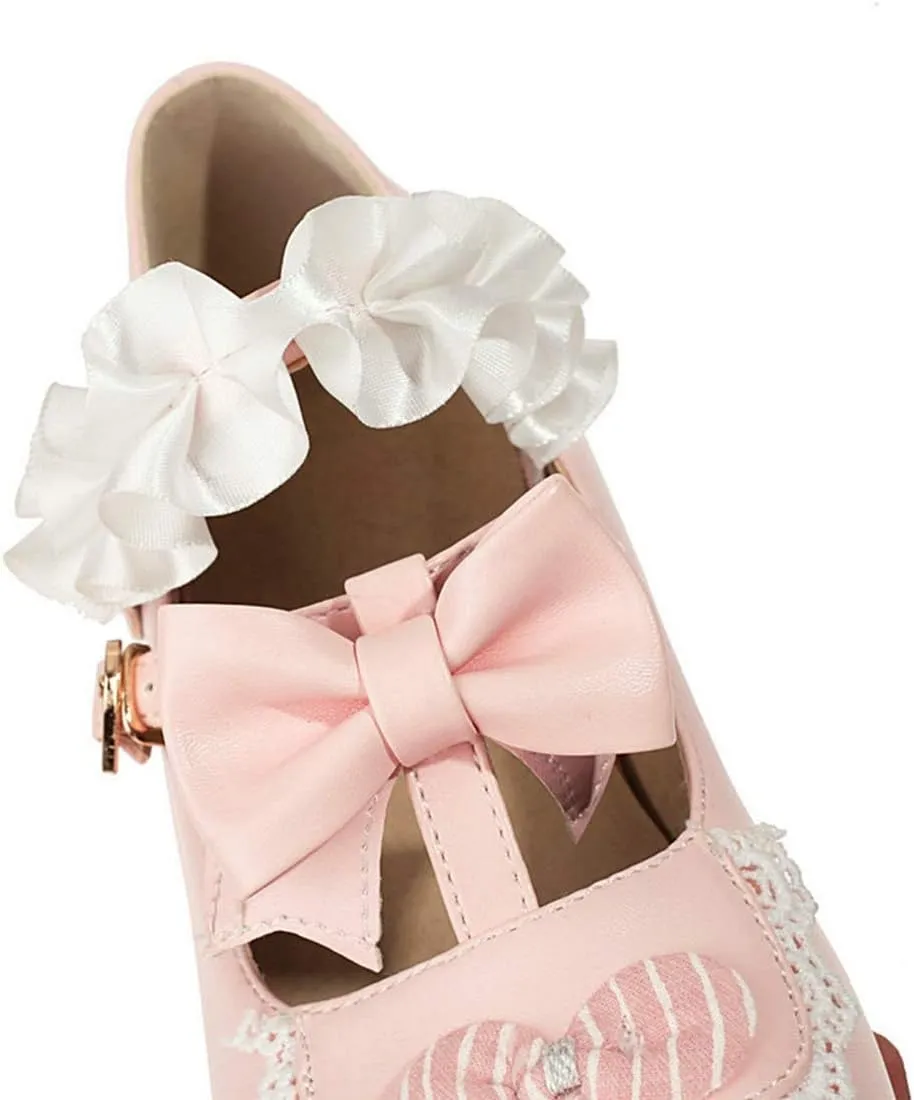 VOKLIN Women's Girls Lolita Mary Jane Pumps Sweet Bow Ruffle Ankle Strap Platform Mid Heel Oxford Dress Shoes