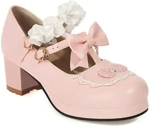 VOKLIN Women's Girls Lolita Mary Jane Pumps Sweet Bow Ruffle Ankle Strap Platform Mid Heel Oxford Dress Shoes