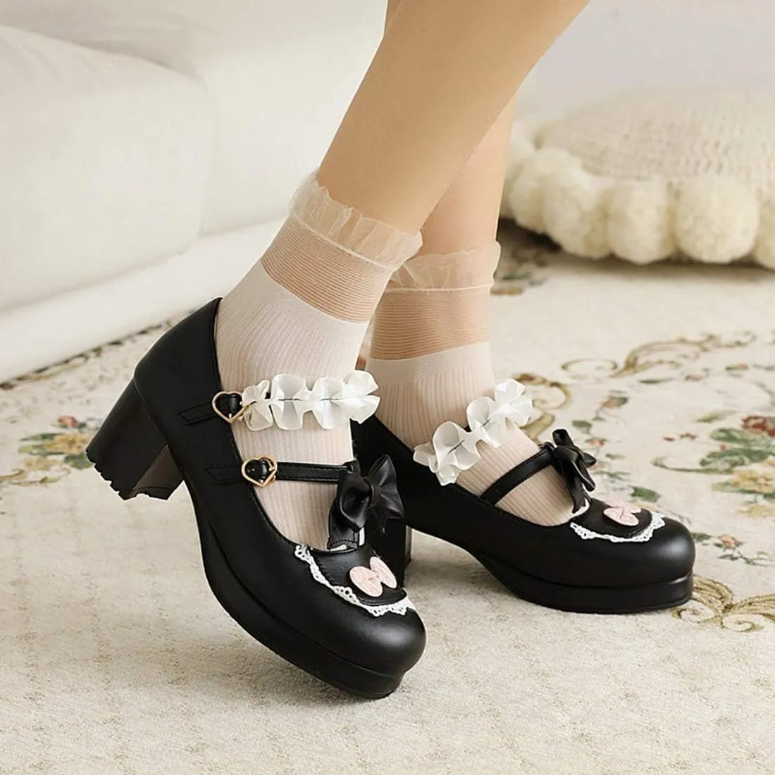 VOKLIN Women's Girls Lolita Mary Jane Pumps Sweet Bow Ruffle Ankle Strap Platform Mid Heel Oxford Dress Shoes