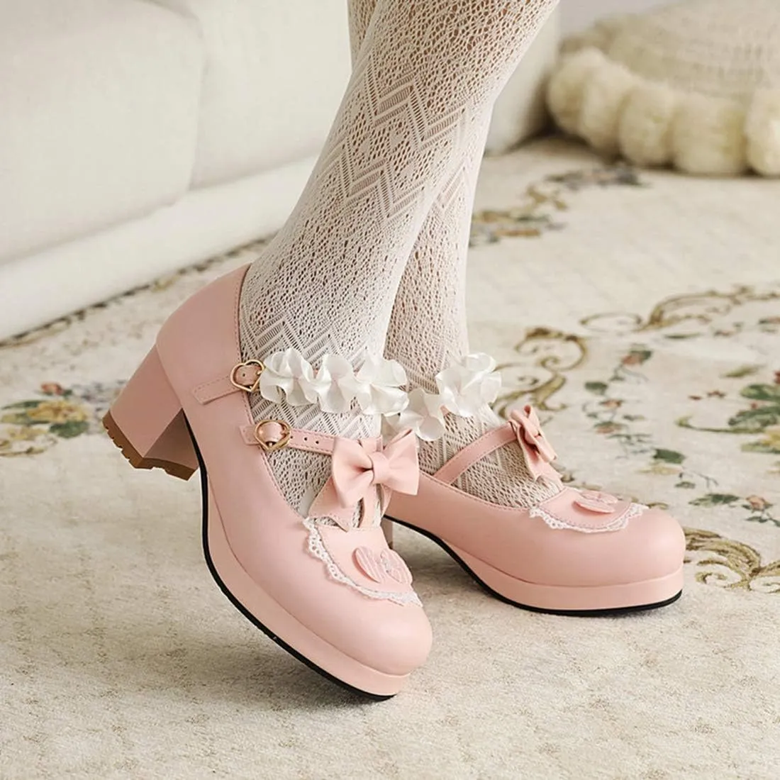 VOKLIN Women's Girls Lolita Mary Jane Pumps Sweet Bow Ruffle Ankle Strap Platform Mid Heel Oxford Dress Shoes