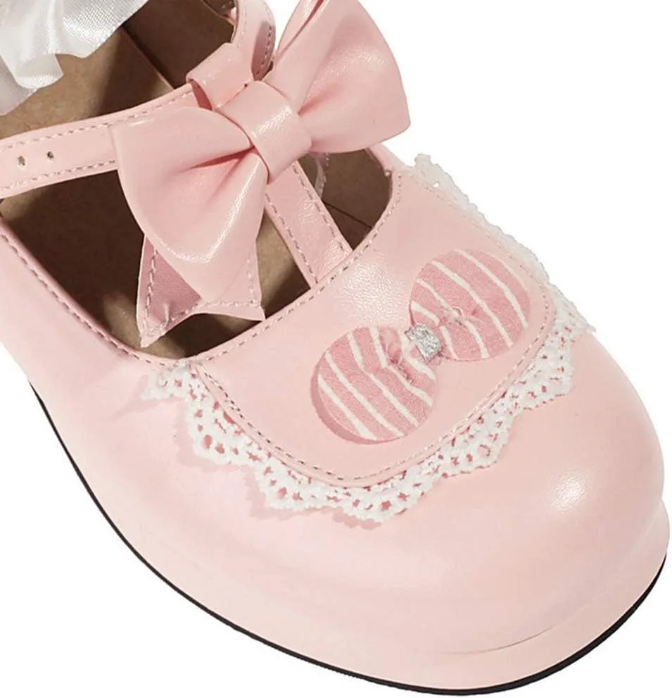 VOKLIN Women's Girls Lolita Mary Jane Pumps Sweet Bow Ruffle Ankle Strap Platform Mid Heel Oxford Dress Shoes