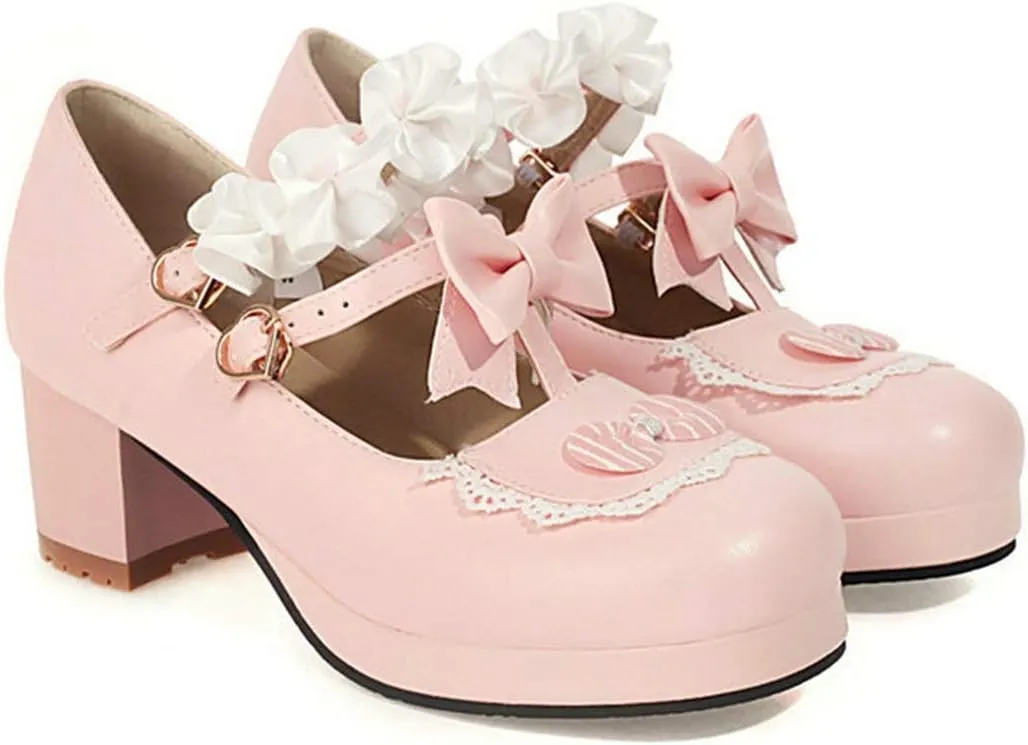 VOKLIN Women's Girls Lolita Mary Jane Pumps Sweet Bow Ruffle Ankle Strap Platform Mid Heel Oxford Dress Shoes