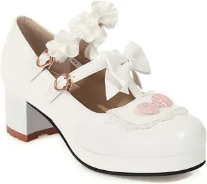 VOKLIN Women's Girls Lolita Mary Jane Pumps Sweet Bow Ruffle Ankle Strap Platform Mid Heel Oxford Dress Shoes