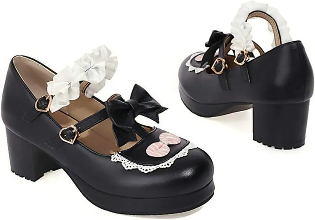 VOKLIN Women's Girls Lolita Mary Jane Pumps Sweet Bow Ruffle Ankle Strap Platform Mid Heel Oxford Dress Shoes