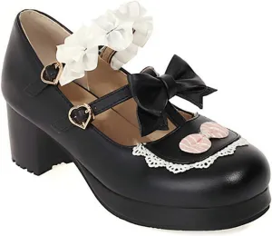 VOKLIN Women's Girls Lolita Mary Jane Pumps Sweet Bow Ruffle Ankle Strap Platform Mid Heel Oxford Dress Shoes