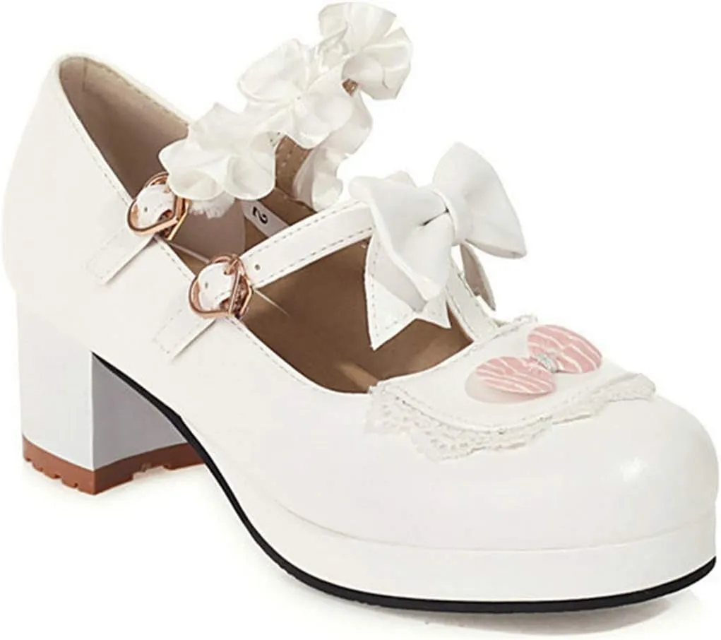 VOKLIN Women's Girls Lolita Mary Jane Pumps Sweet Bow Ruffle Ankle Strap Platform Mid Heel Oxford Dress Shoes