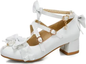 VOKLIN Women's Girls Lolita Mary Jane Shoes Sweet Bow Cross Ankle Strap Low Heel Princess Oxford Dress Pumps