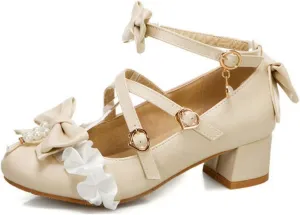 VOKLIN Women's Girls Lolita Mary Jane Shoes Sweet Bow Cross Ankle Strap Low Heel Princess Oxford Dress Pumps