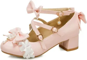 VOKLIN Women's Girls Lolita Mary Jane Shoes Sweet Bow Cross Ankle Strap Low Heel Princess Oxford Dress Pumps