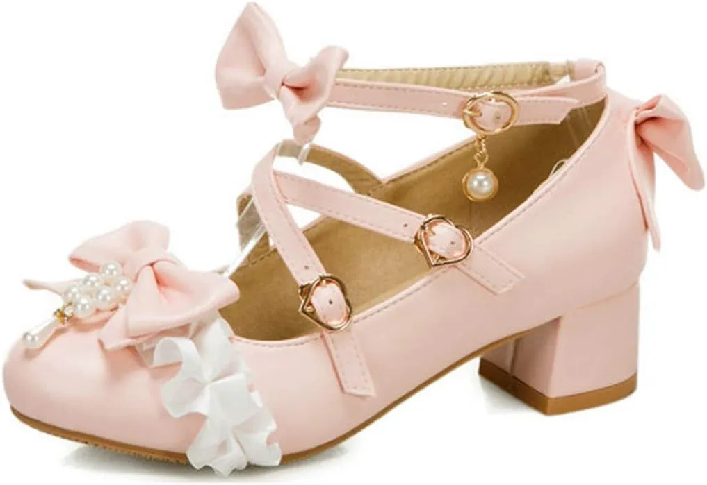 VOKLIN Women's Girls Lolita Mary Jane Shoes Sweet Bow Cross Ankle Strap Low Heel Princess Oxford Dress Pumps