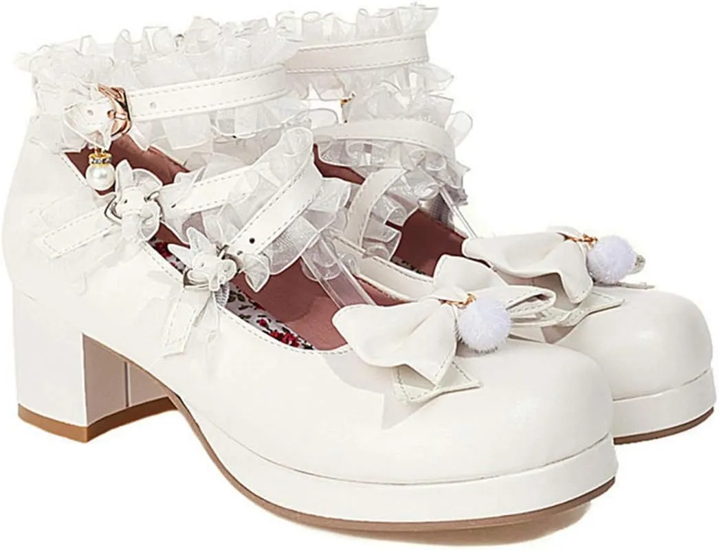 VOKLIN Women's Girls Lolita Mary Jane Shoes Sweet Bow Cross Ankle Strap Mid Heel Cosplay Oxford Dress Pumps