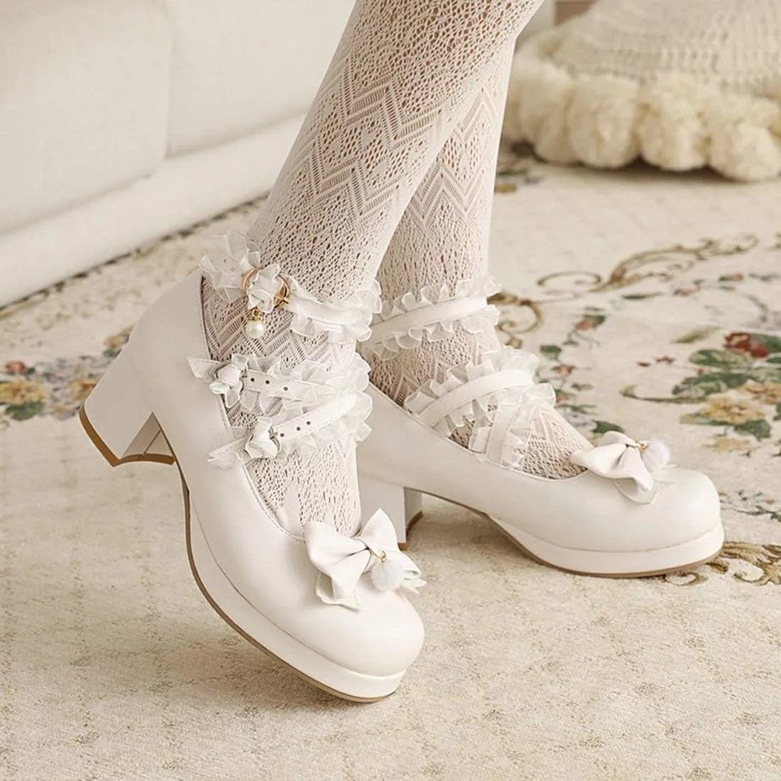 VOKLIN Women's Girls Lolita Mary Jane Shoes Sweet Bow Cross Ankle Strap Mid Heel Cosplay Oxford Dress Pumps
