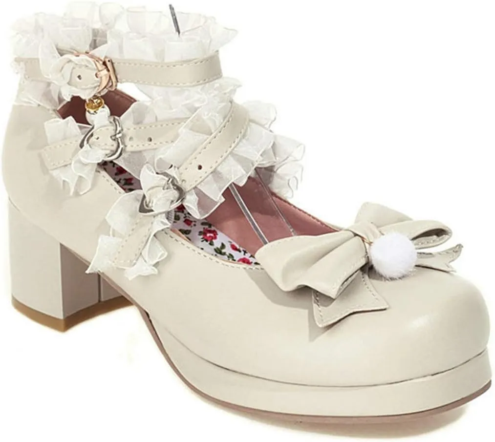 VOKLIN Women's Girls Lolita Mary Jane Shoes Sweet Bow Cross Ankle Strap Mid Heel Cosplay Oxford Dress Pumps