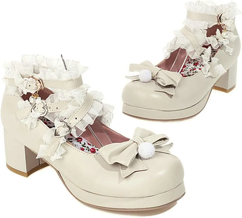 VOKLIN Women's Girls Lolita Mary Jane Shoes Sweet Bow Cross Ankle Strap Mid Heel Cosplay Oxford Dress Pumps