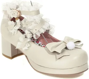 VOKLIN Women's Girls Lolita Mary Jane Shoes Sweet Bow Cross Ankle Strap Mid Heel Cosplay Oxford Dress Pumps