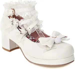 VOKLIN Women's Girls Lolita Mary Jane Shoes Sweet Bow Cross Ankle Strap Mid Heel Cosplay Oxford Dress Pumps