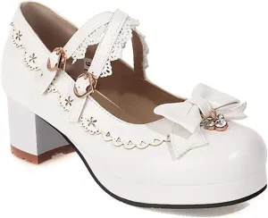 VOKLIN Women's Girls Lolita Mary Jane Shoes Sweet Bow Cross Ankle Strap Mid Heels Cosplay Oxford Dress Pumps