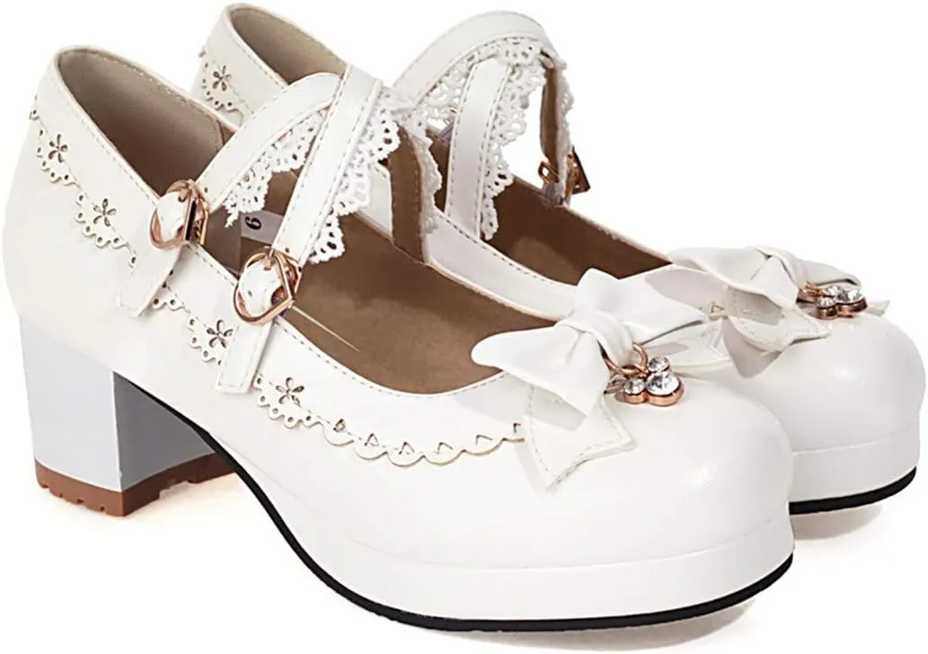VOKLIN Women's Girls Lolita Mary Jane Shoes Sweet Bow Cross Ankle Strap Mid Heels Cosplay Oxford Dress Pumps