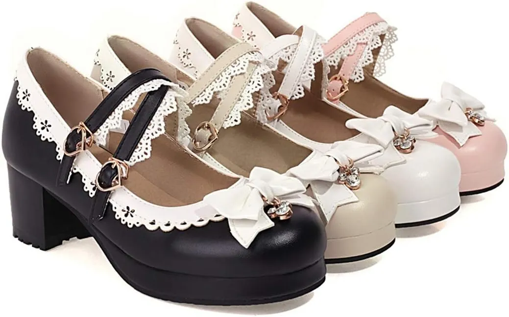 VOKLIN Women's Girls Lolita Mary Jane Shoes Sweet Bow Cross Ankle Strap Mid Heels Cosplay Oxford Dress Pumps