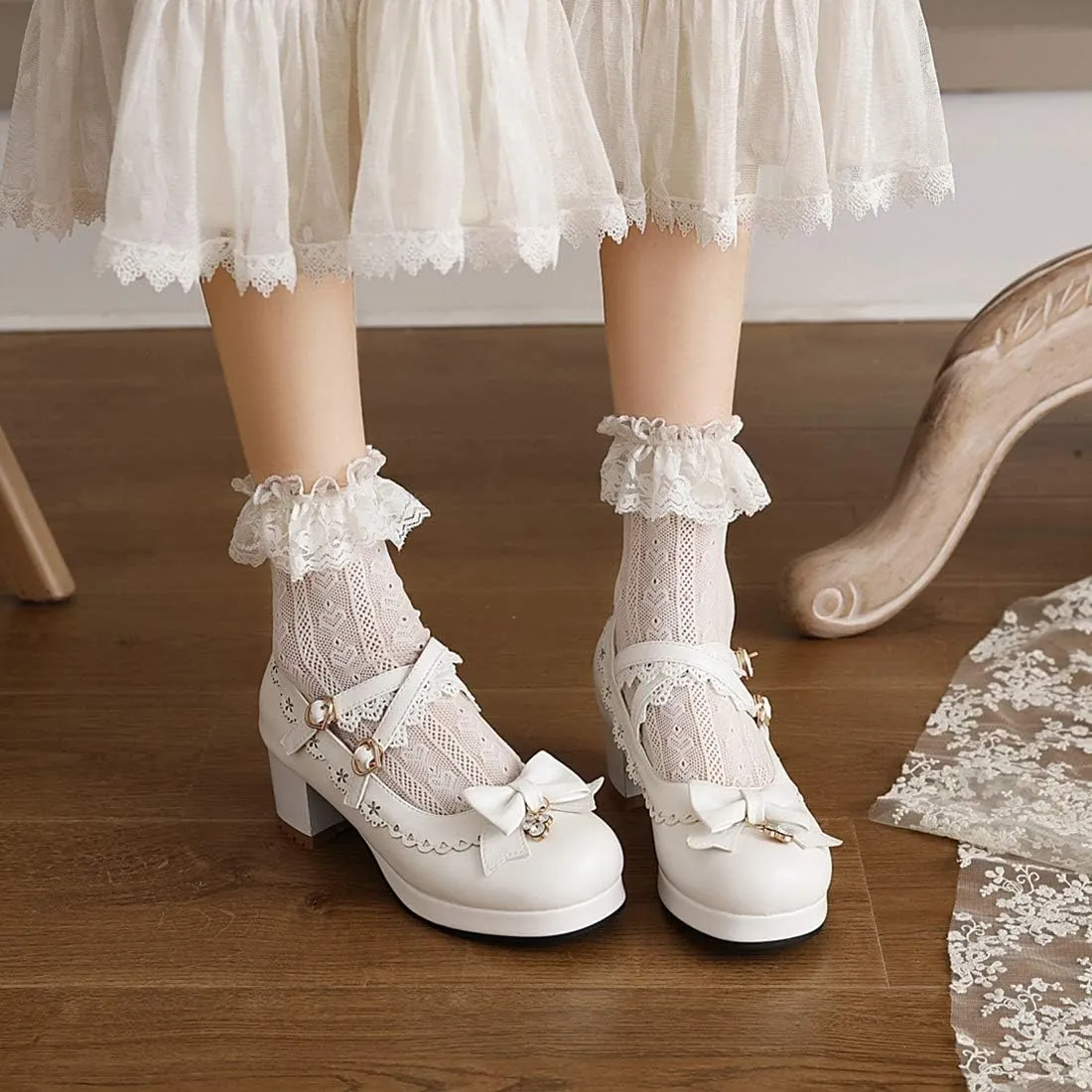 VOKLIN Women's Girls Lolita Mary Jane Shoes Sweet Bow Cross Ankle Strap Mid Heels Cosplay Oxford Dress Pumps