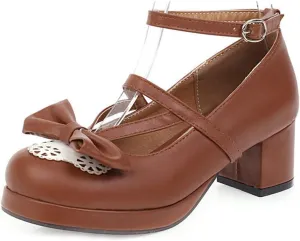 VOKLIN Women's Girls Lolita Mary Janes Pumps Sweet Bow Ankle Strap Platform Block Mid Heel Oxford Dress Shoes