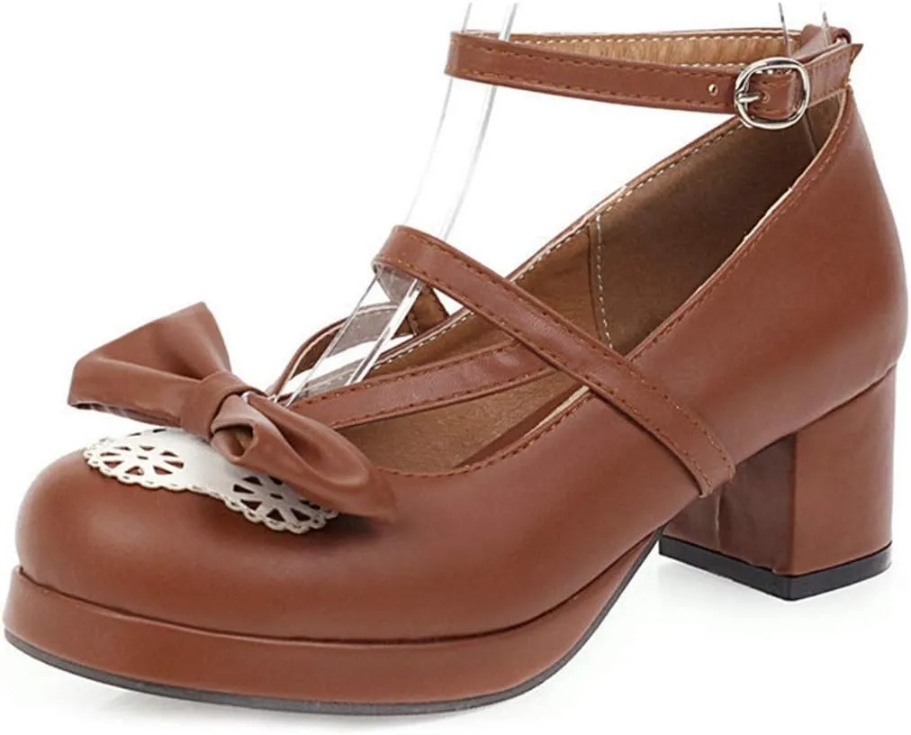 VOKLIN Women's Girls Lolita Mary Janes Pumps Sweet Bow Ankle Strap Platform Block Mid Heel Oxford Dress Shoes