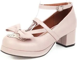 VOKLIN Women's Girls Lolita Mary Janes Pumps Sweet Bow Ankle Strap Platform Block Mid Heel Oxford Dress Shoes