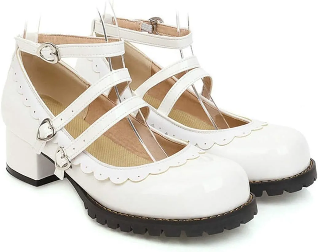 VOKLIN Women's Girls Lolita Mary Janes Shoes Princess Ankle Strap Block Low Heel Western Oxford Dress Pumps
