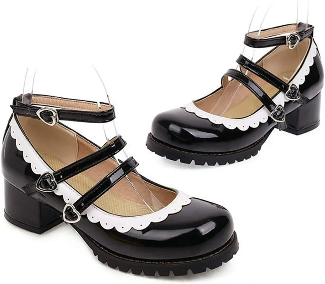 VOKLIN Women's Girls Lolita Mary Janes Shoes Princess Ankle Strap Block Low Heel Western Oxford Dress Pumps