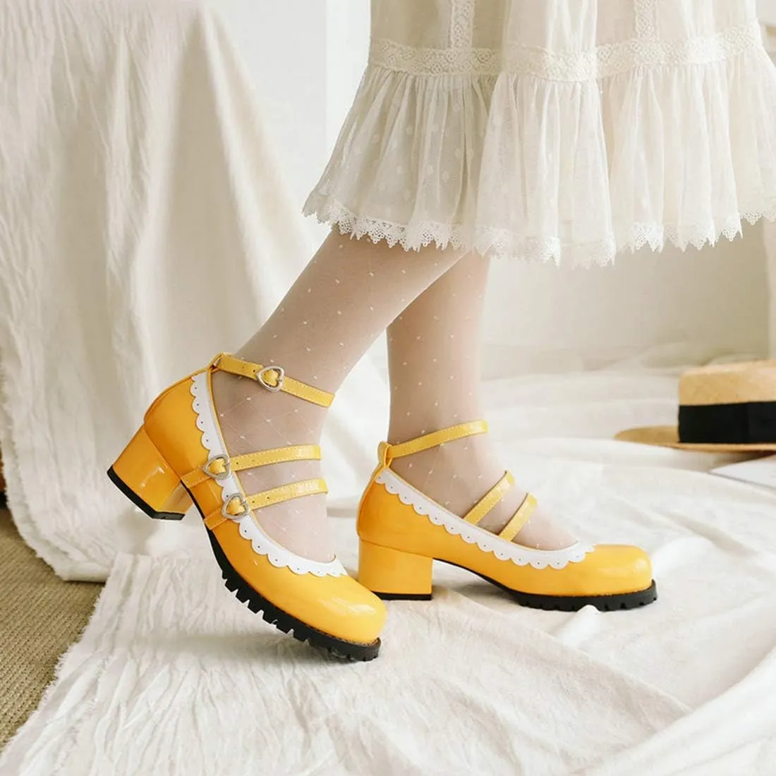 VOKLIN Women's Girls Lolita Mary Janes Shoes Princess Ankle Strap Block Low Heel Western Oxford Dress Pumps