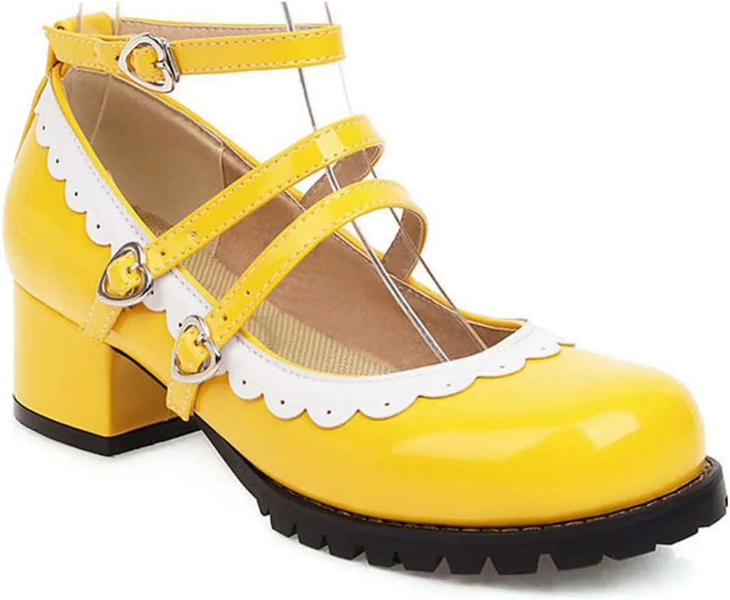 VOKLIN Women's Girls Lolita Mary Janes Shoes Princess Ankle Strap Block Low Heel Western Oxford Dress Pumps