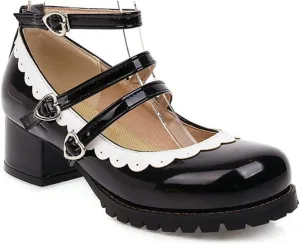 VOKLIN Women's Girls Lolita Mary Janes Shoes Princess Ankle Strap Block Low Heel Western Oxford Dress Pumps