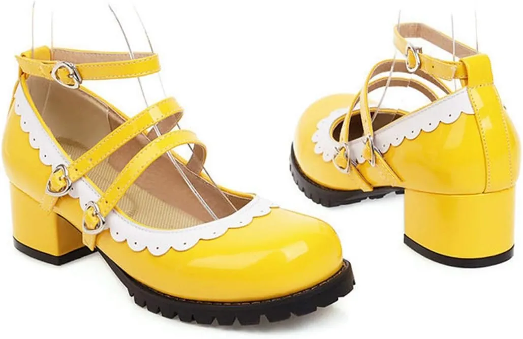 VOKLIN Women's Girls Lolita Mary Janes Shoes Princess Ankle Strap Block Low Heel Western Oxford Dress Pumps