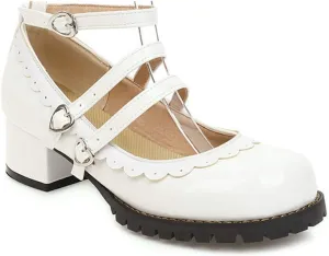 VOKLIN Women's Girls Lolita Mary Janes Shoes Princess Ankle Strap Block Low Heel Western Oxford Dress Pumps