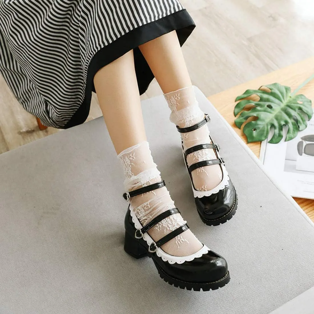 VOKLIN Women's Girls Lolita Mary Janes Shoes Princess Ankle Strap Block Low Heel Western Oxford Dress Pumps