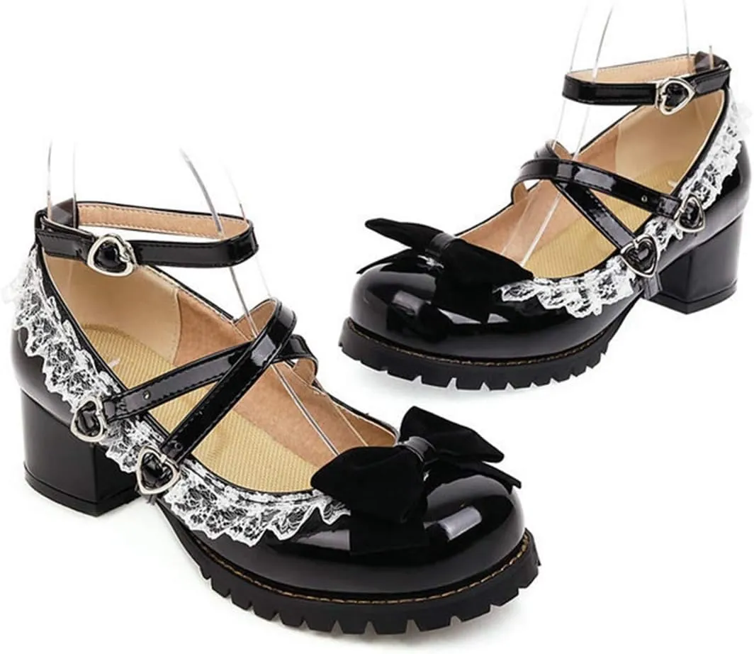 VOKLIN Women's Girls Lolita Mary Janes Shoes Princess Ankle Strap Low Heels Sweet Bow Lace Oxford Dress Pumps