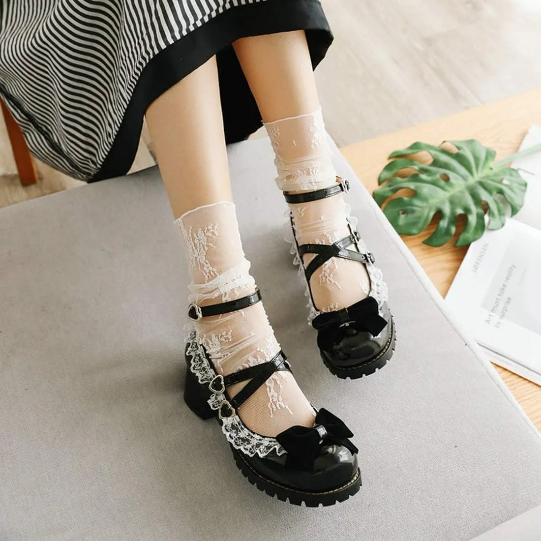 VOKLIN Women's Girls Lolita Mary Janes Shoes Princess Ankle Strap Low Heels Sweet Bow Lace Oxford Dress Pumps