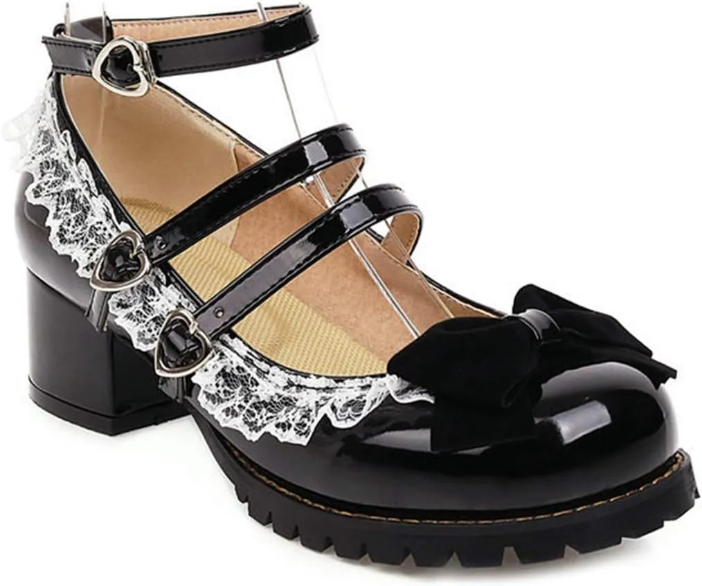 VOKLIN Women's Girls Lolita Mary Janes Shoes Princess Ankle Strap Low Heels Sweet Bow Lace Oxford Dress Pumps