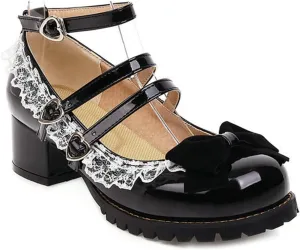 VOKLIN Women's Girls Lolita Mary Janes Shoes Princess Ankle Strap Low Heels Sweet Bow Lace Oxford Dress Pumps