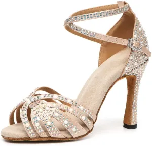 Women Rhinestone Latin Dance Shoes Ballroom Salsa Performance Dancing Heels 4 Inch Heel Nude/Black/Brown
