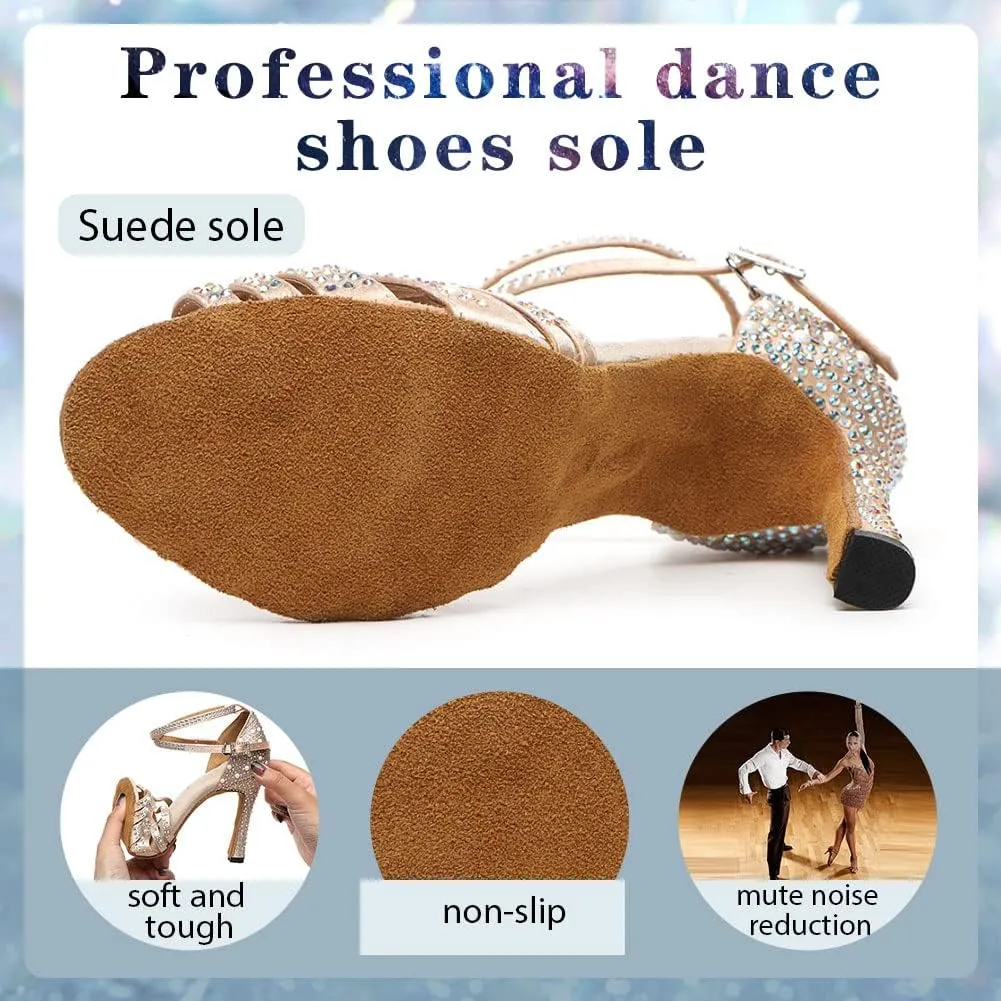 Women Rhinestone Latin Dance Shoes Ballroom Salsa Performance Dancing Heels 4 Inch Heel Nude/Black/Brown