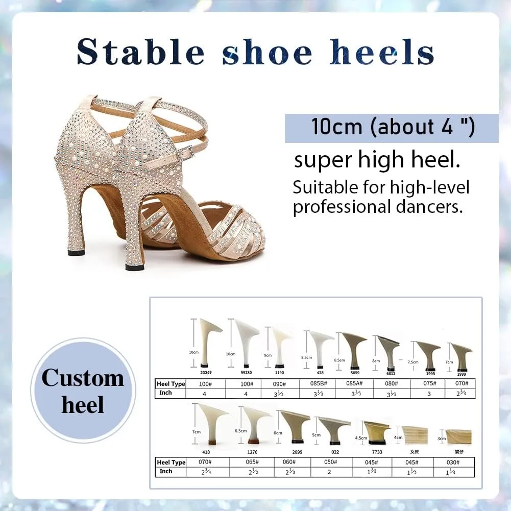 Women Rhinestone Latin Dance Shoes Ballroom Salsa Performance Dancing Heels 4 Inch Heel Nude/Black/Brown