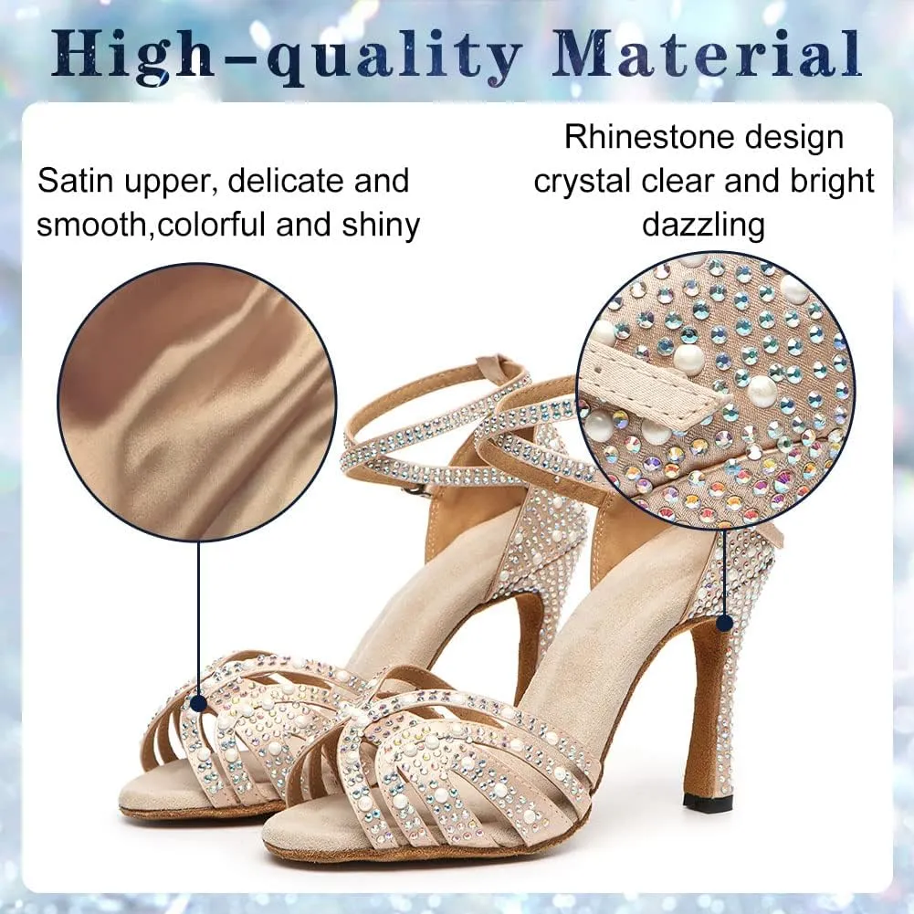 Women Rhinestone Latin Dance Shoes Ballroom Salsa Performance Dancing Heels 4 Inch Heel Nude/Black/Brown