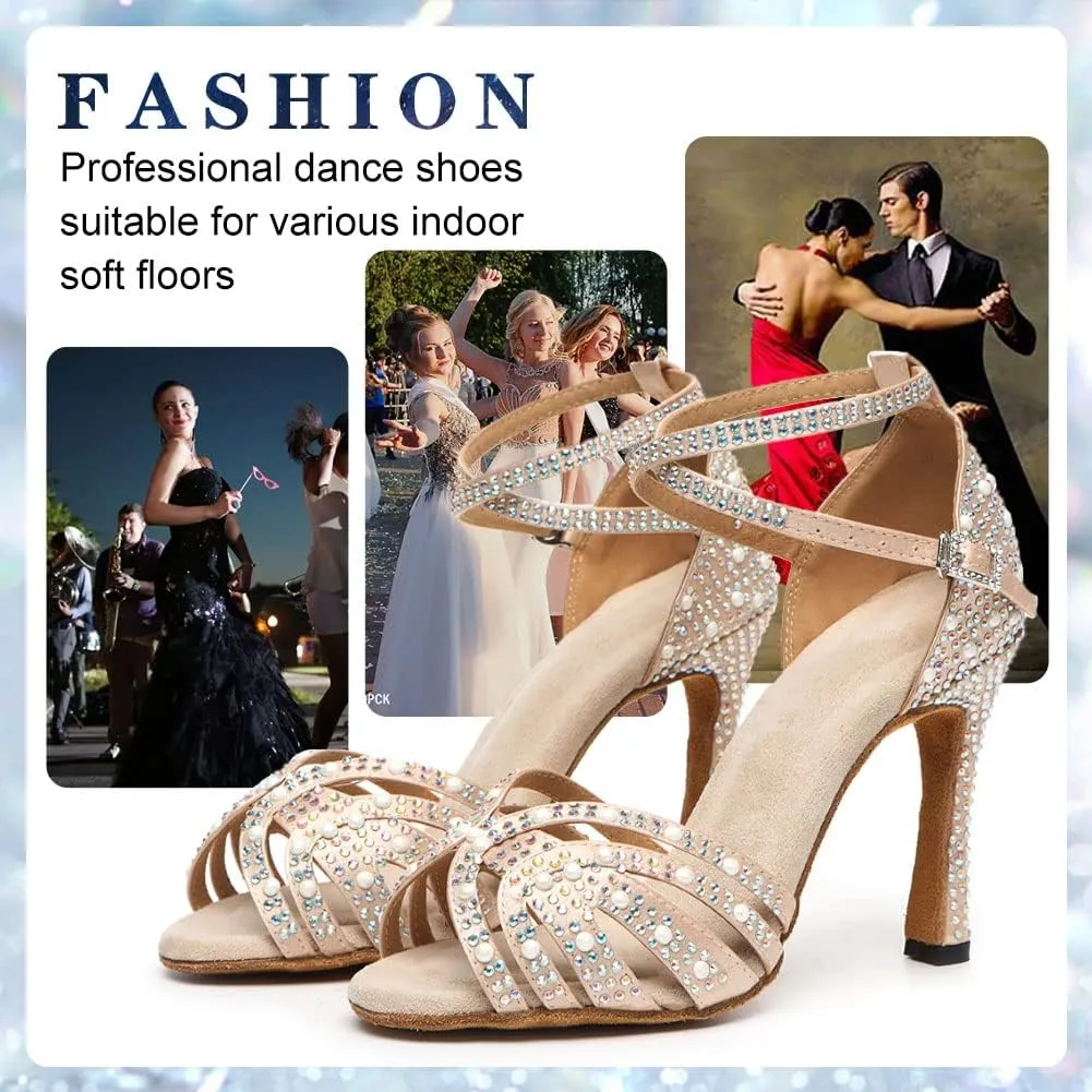 Women Rhinestone Latin Dance Shoes Ballroom Salsa Performance Dancing Heels 4 Inch Heel Nude/Black/Brown
