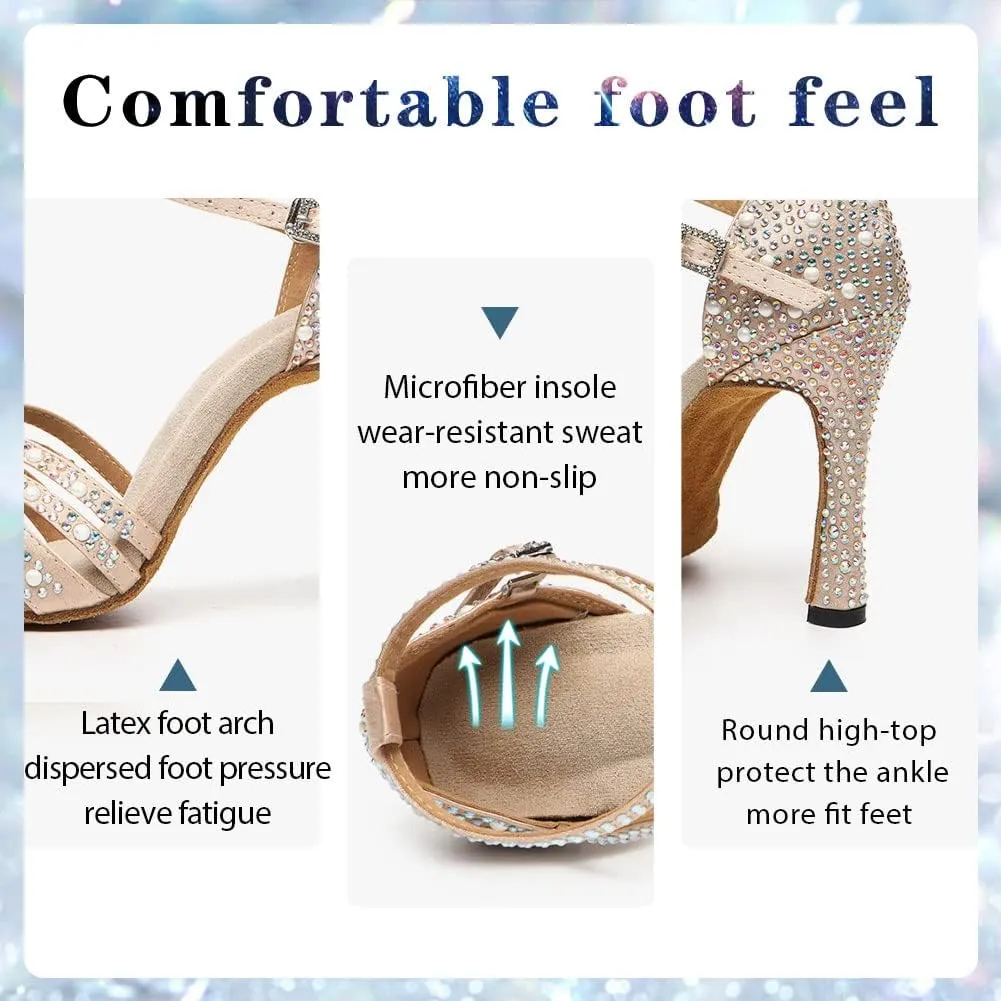 Women Rhinestone Latin Dance Shoes Ballroom Salsa Performance Dancing Heels 4 Inch Heel Nude/Black/Brown