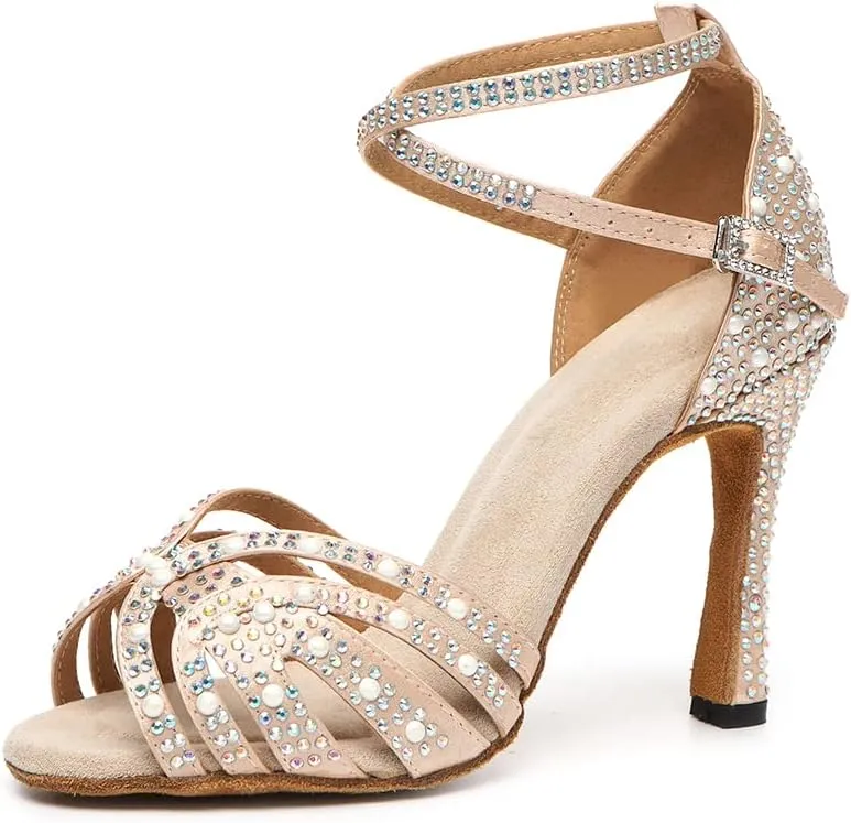 Women Rhinestone Latin Dance Shoes Ballroom Salsa Performance Dancing Heels 4 Inch Heel Nude/Black/Brown