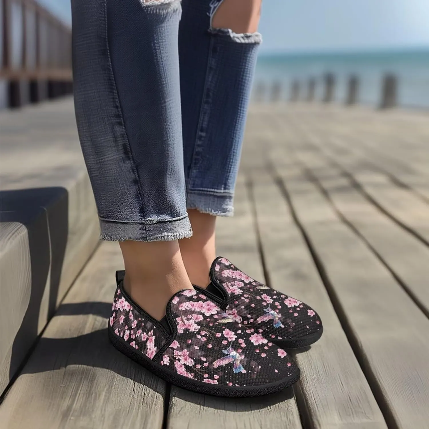 Women's Mesh Flats Shoes Casual Breathable Slip On Sneakers Non-Slip Low Top Outdoor Walking Loafers